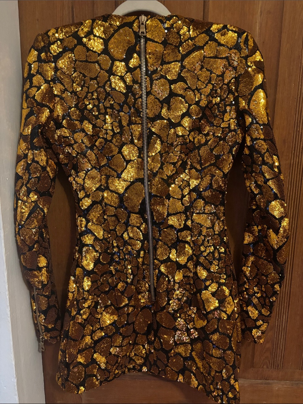 Balmain Gold Sequin and Black Patterned Mini Dress - Picture 2 of 3